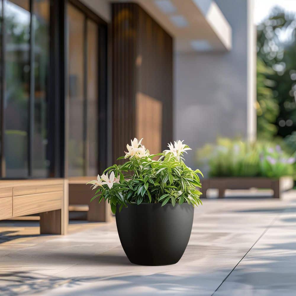 17.5 in. Large Charcoal Black Concrete Round Planter / Pot with Drainage Holes - Hercitys