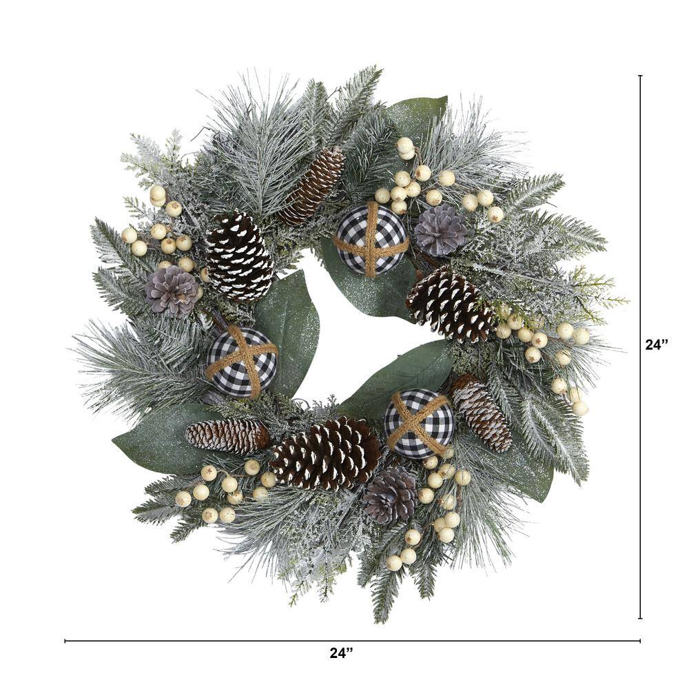24 in. Snow Tipped Holiday Artificial Wreath with Berries Pine Cones and Ornaments - Hercitys