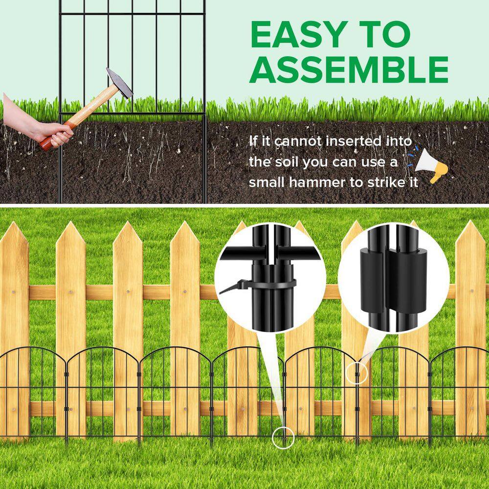 24 in. Black Metal Garden Fence, 10-Panels, 10.5 ft. Length, Easy Install - Hercitys