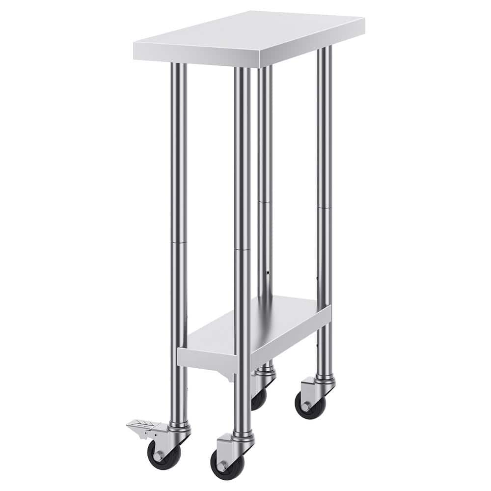 24 x 12 x 38 in. Stainless Steel Work Table, 500 lbs. Capacity, Adjustable Heigh Kitchen Prep Table with 4 Wheels - Hercitys