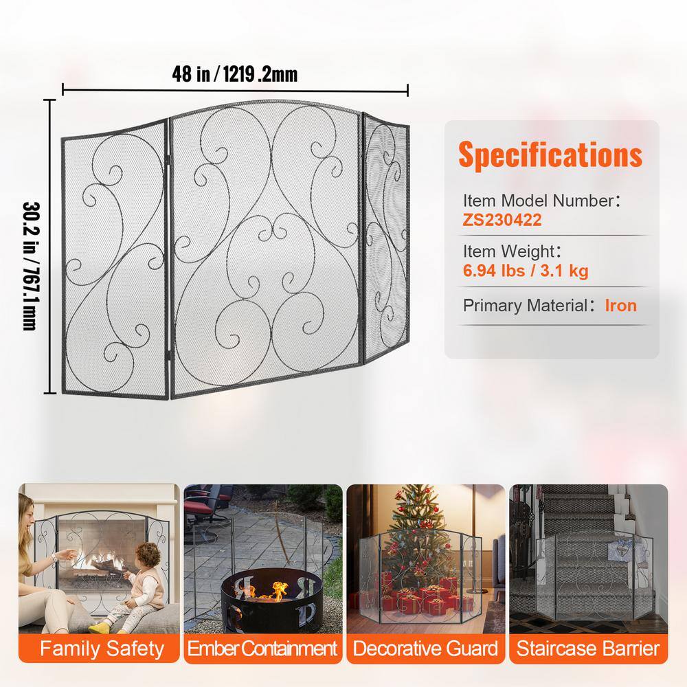 3-Panel Fireplace Screen 48 in. L x 30.2 in. H Sturdy Iron Mesh Fireplace Screen No Assembly Required Spark Guard Cover - Hercitys