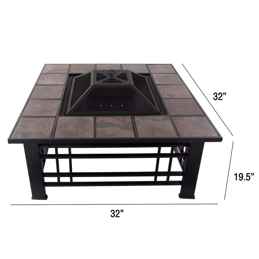 32 in. Steel Square Tile Fire Pit with Spark Screen and Poker - Hercitys