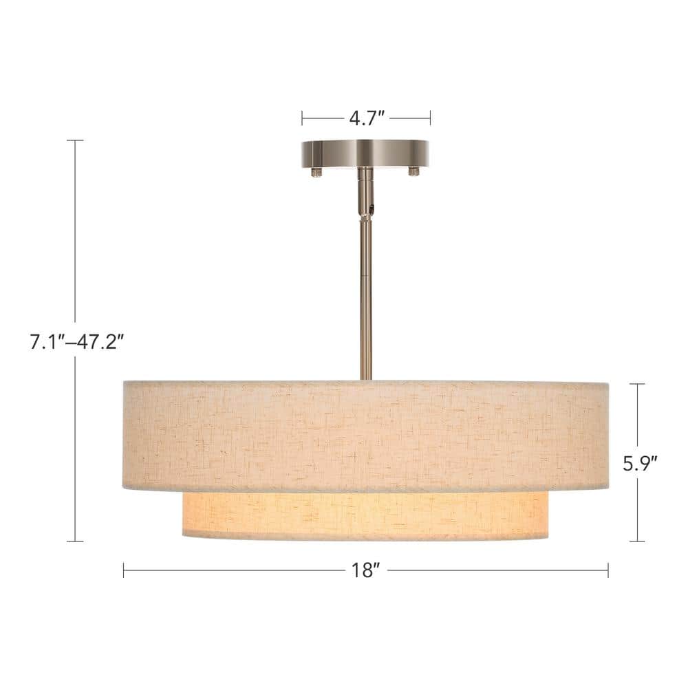 18 in. 4-Light Brushed Nickel Semi-Flush Mount Ceiling Light Fixture Drum Pendant Light with 2-Layer Fabric Shade - Hercitys