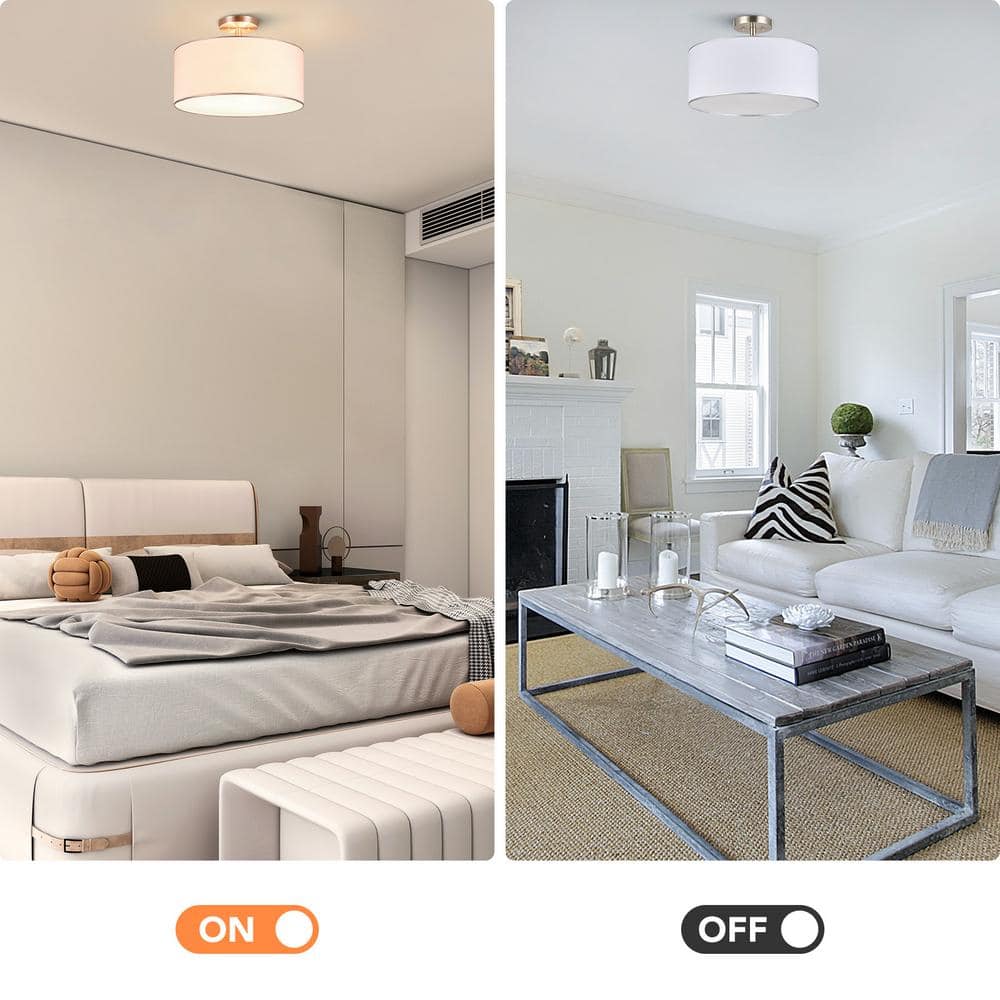 18 in. 3-Light Brushed Nickel Semi-Flush Mount with White Fabric Drum Shade - Hercitys