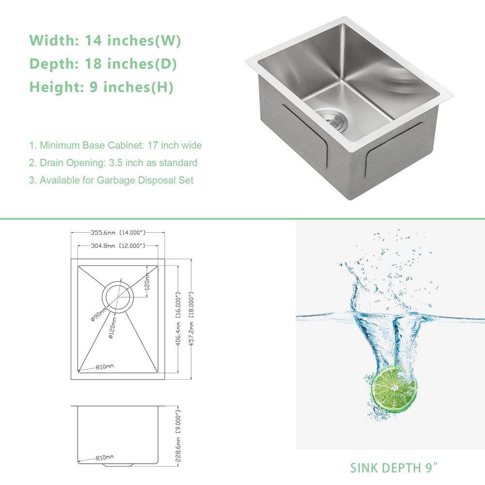 16-Gauge Stainless Steel 14 in. Single Bowl Undermount Bar Sink - Hercitys