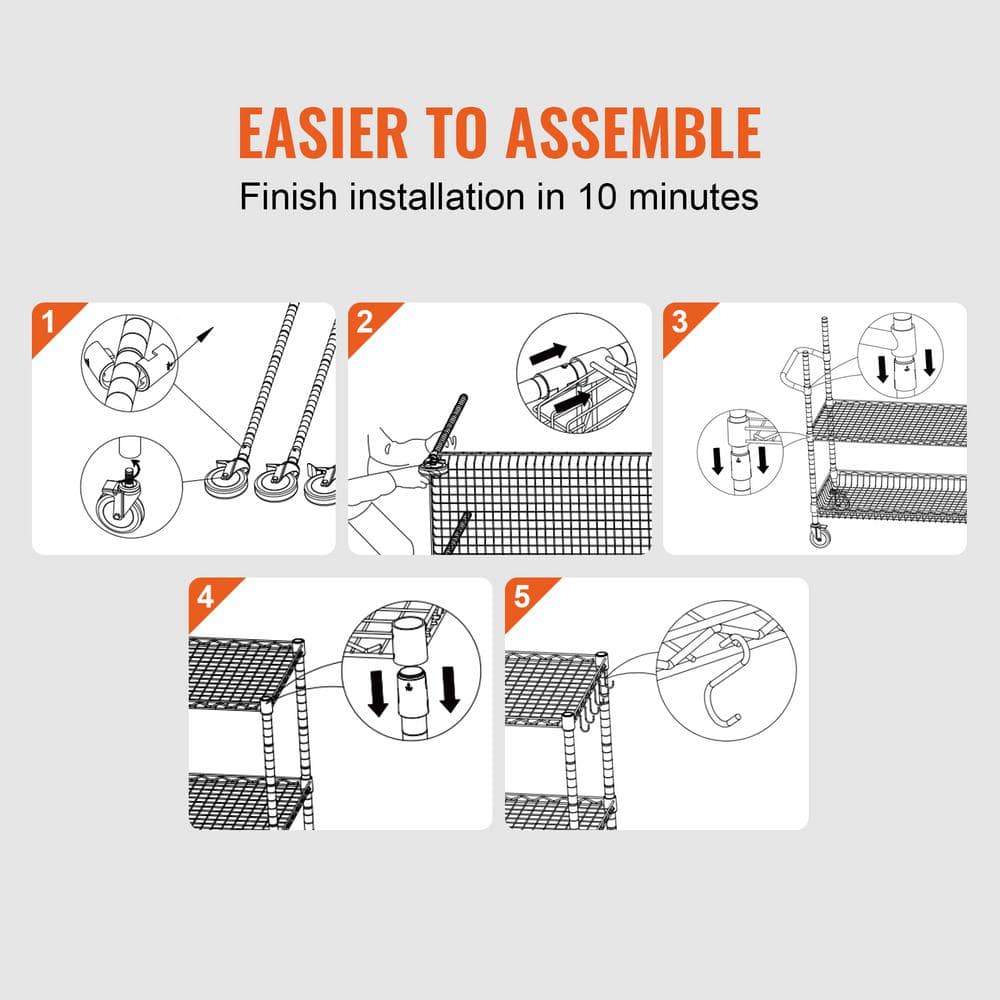 3-Tier Kitchen Cart, 661 lbs. Capacity, Steel Service Trolley with 3.15 in. Deep Basket, Curved Handle and 6-Hooks - Hercitys