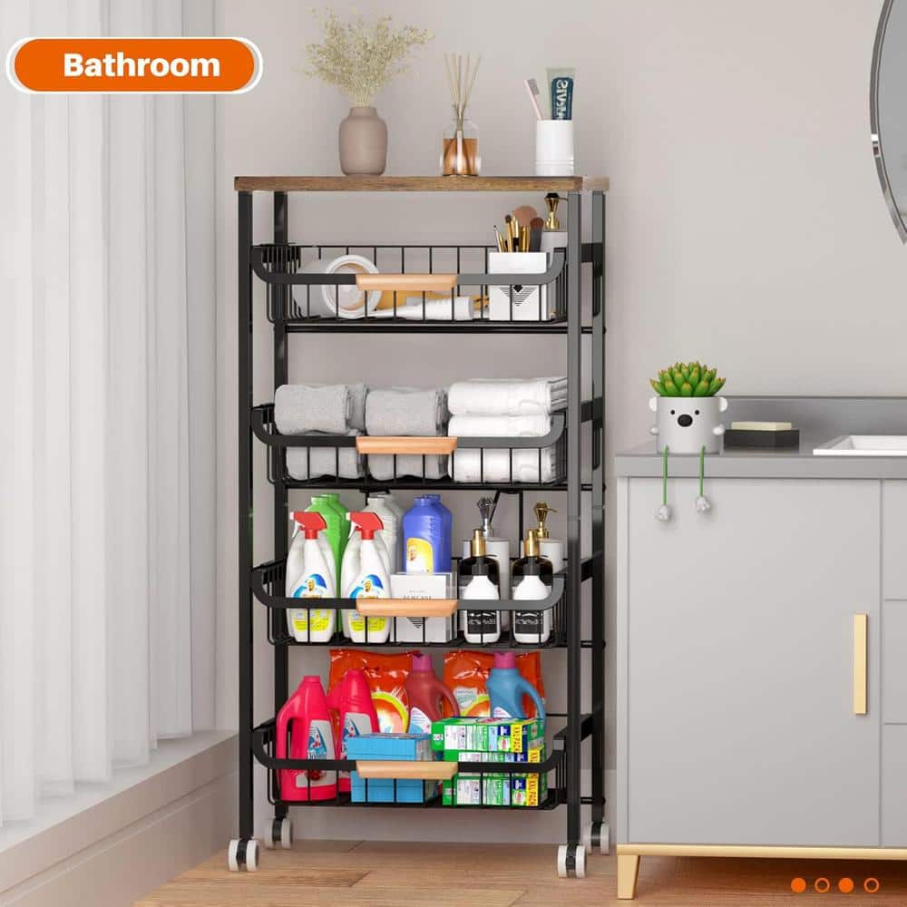 5-Tier Rolling Storage Kitchen Cart with Wheels, Wooden Tabletop and Mesh Baskets in Black - Hercitys