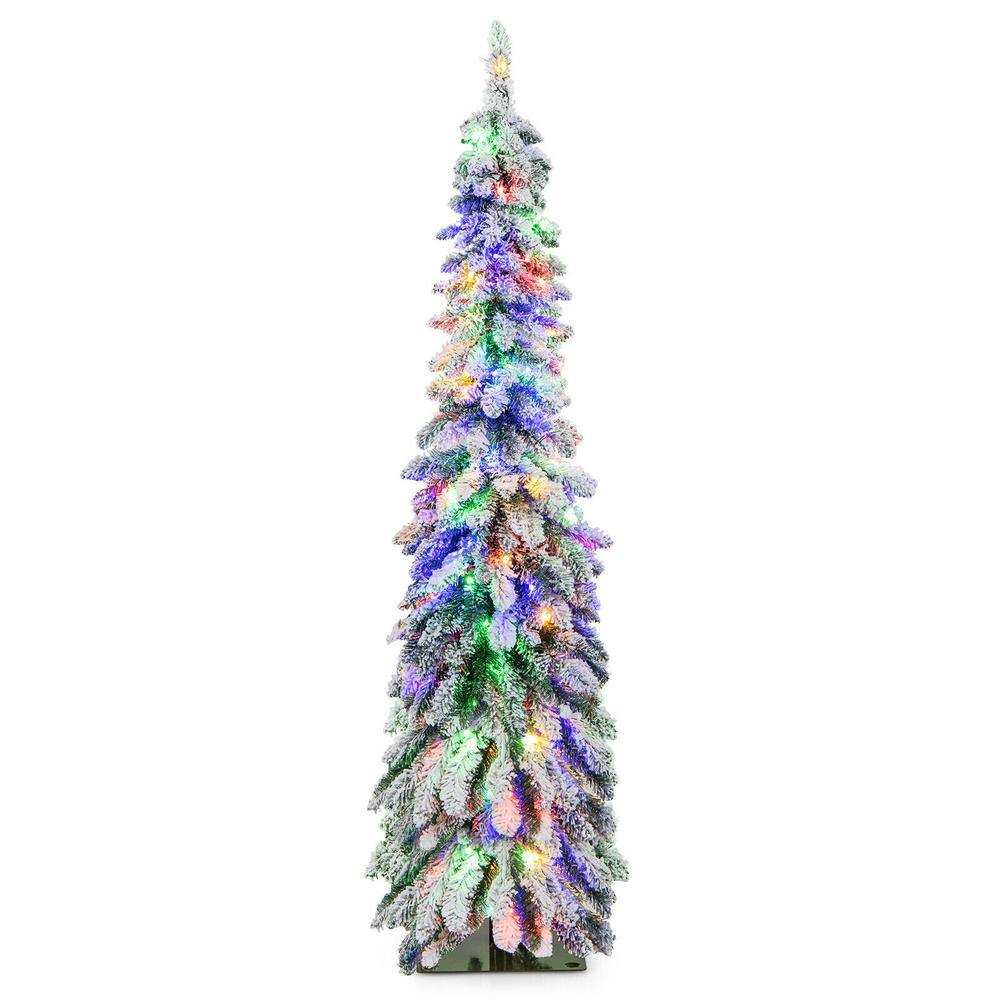5 ft.Hinged Slim Prelit Snow-Flocked Artificial Xmas Christmas Tree with Stand - Hercitys