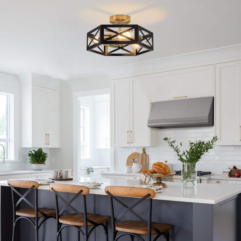 14.57 in. 3-Light Black and Gold Modern Industrial Metal Hexagonal Semi-Flush Mount Ceiling Light - Hercitys