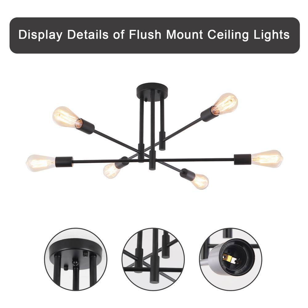 27.56 in. 6-Light Black Sputnik Semi- Flush Mount Ceiling Lights with 360°Rotatable Light Arm - Hercitys
