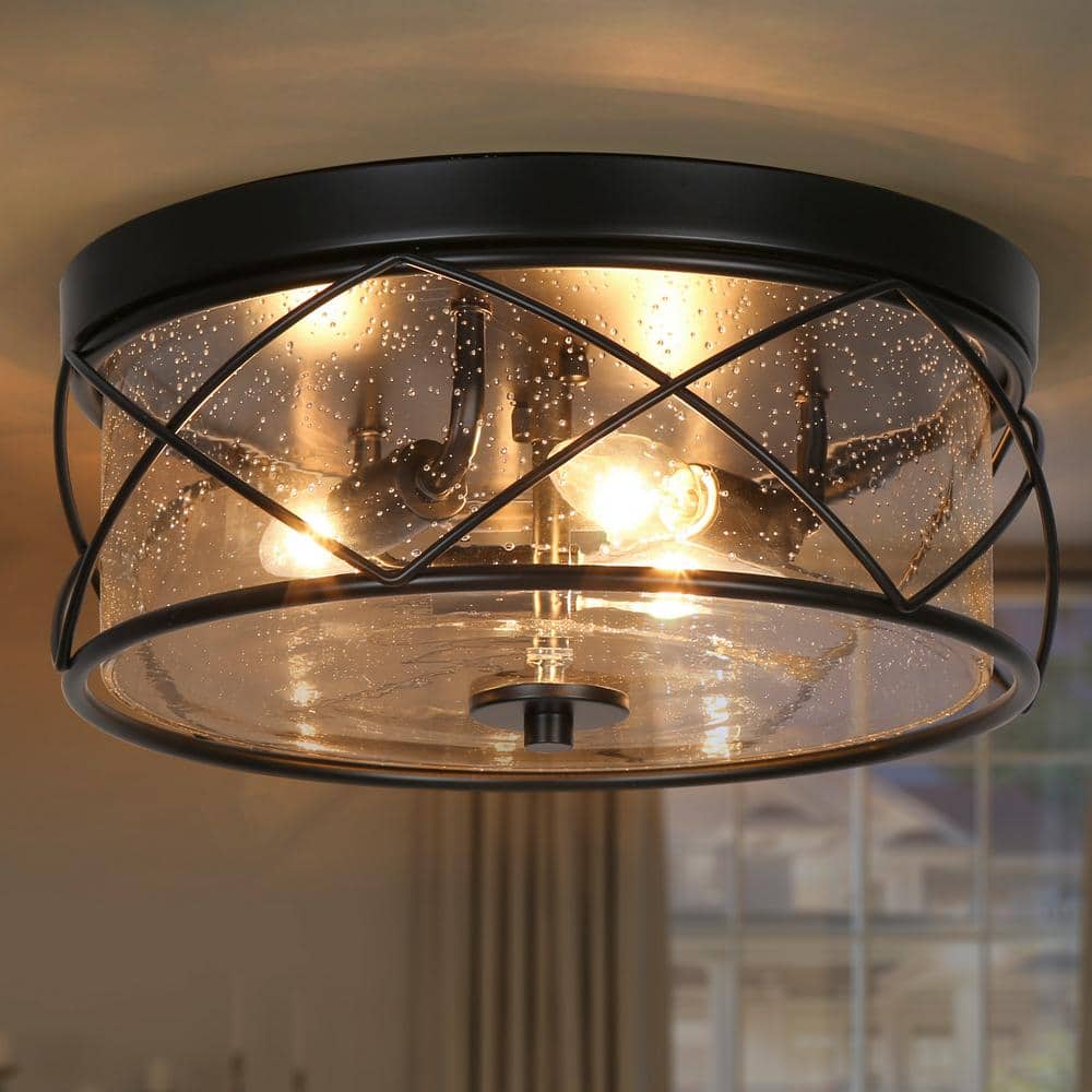 13 in. 3-Light Black Modern Farmhouse Foyer Flush Mount with Clear Seeded Glass Shade Classic Circle Ceiling Light - Hercitys