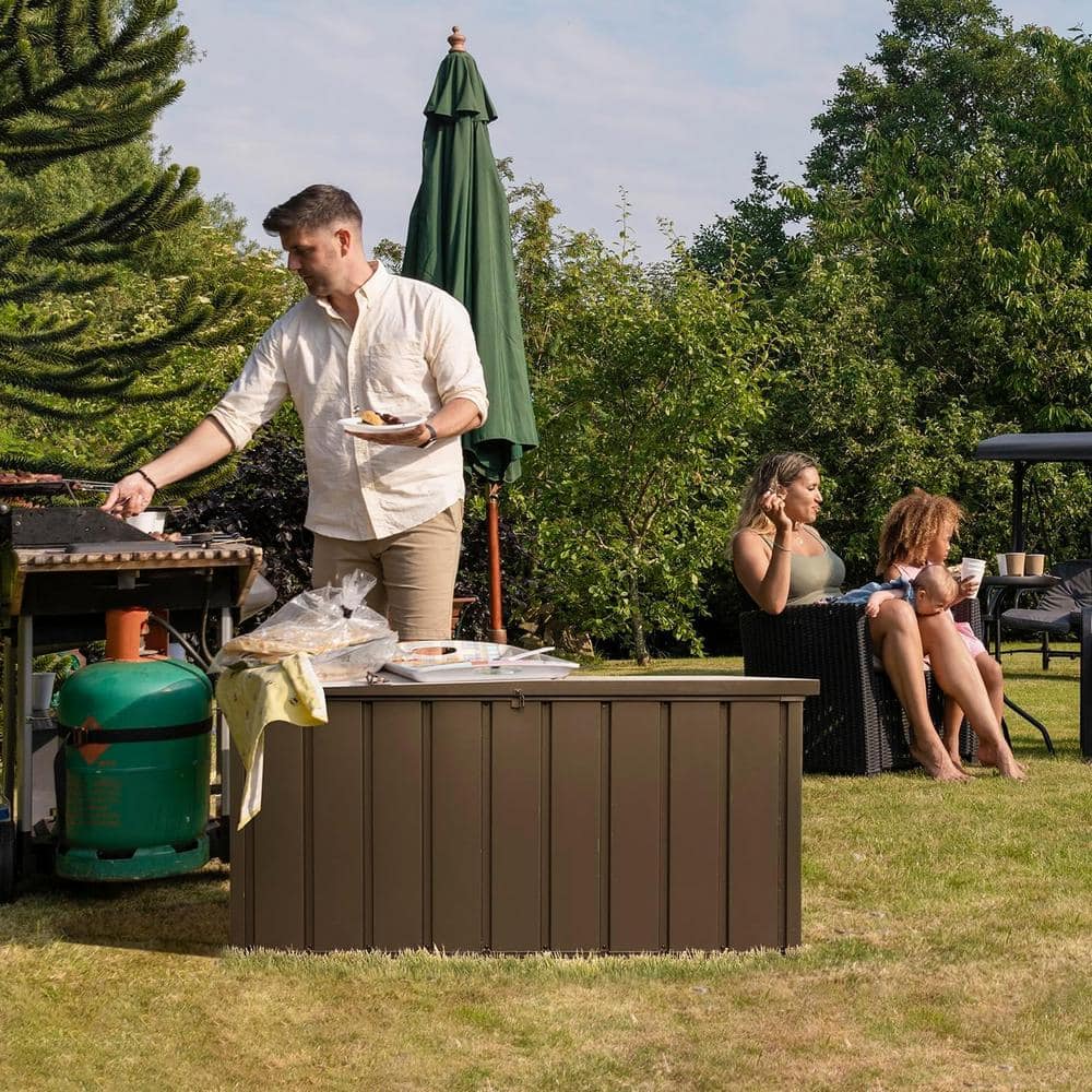 120-Gallon Outdoor Deck Box, Waterproof Lockable Steel Storage Container for Outside Cushions, Garden Tools, Brown - Hercitys