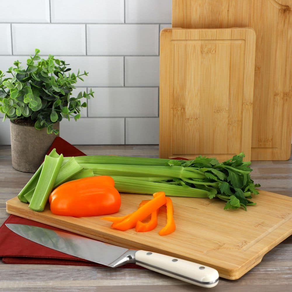 3 Piece 9 in., 12 in., and 15 in. Bamboo Wood Cutting Board Set with Juice Grooves - Hercitys