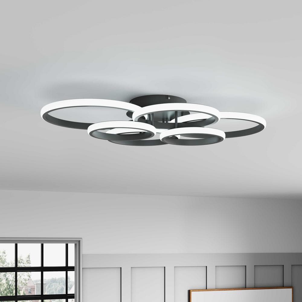 31.49 in. 6-Light Modern Black 40-Watt Integrated LED Flush Mount 6-Rings Circle Close to Ceiling Light - Hercitys