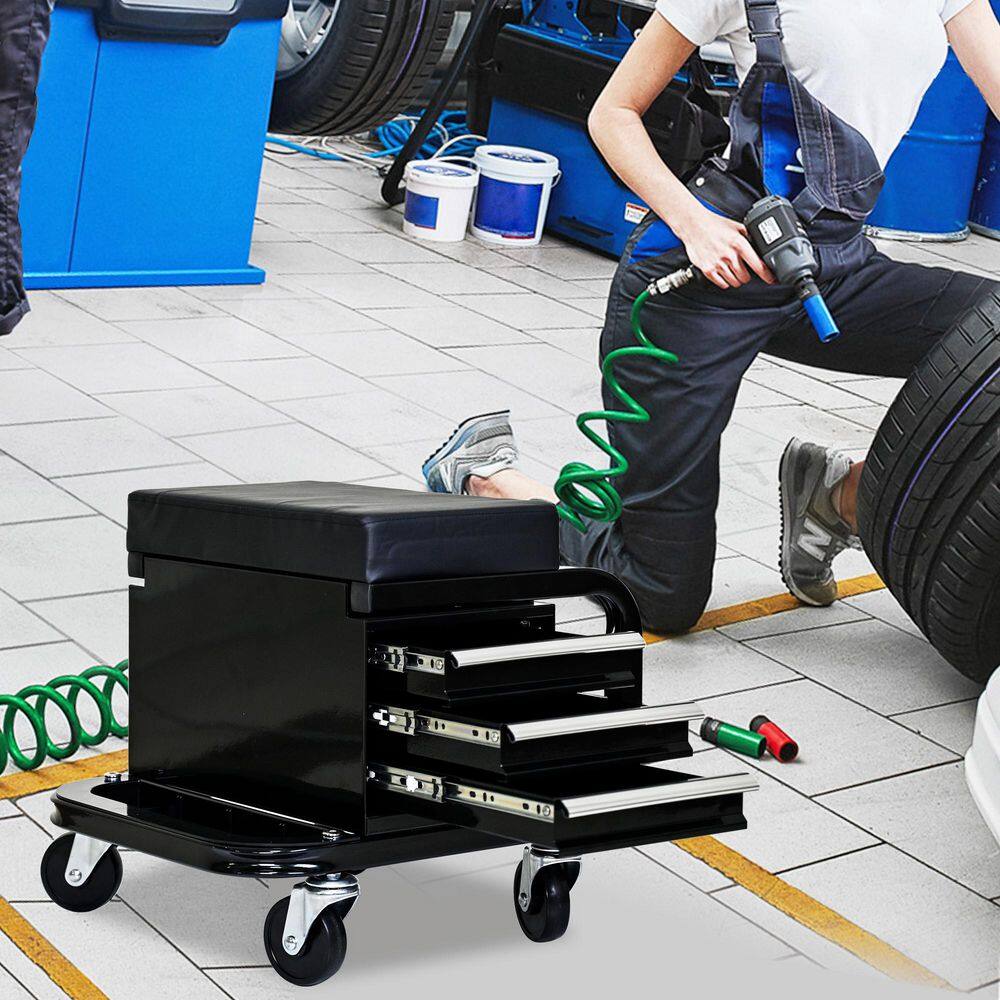 16 in. W Black Steel 3-Drawer Rolling Mechanic Stool w/Ball-Bearing Slides, 300 lb. Capacity and Swivel Casters - Hercitys