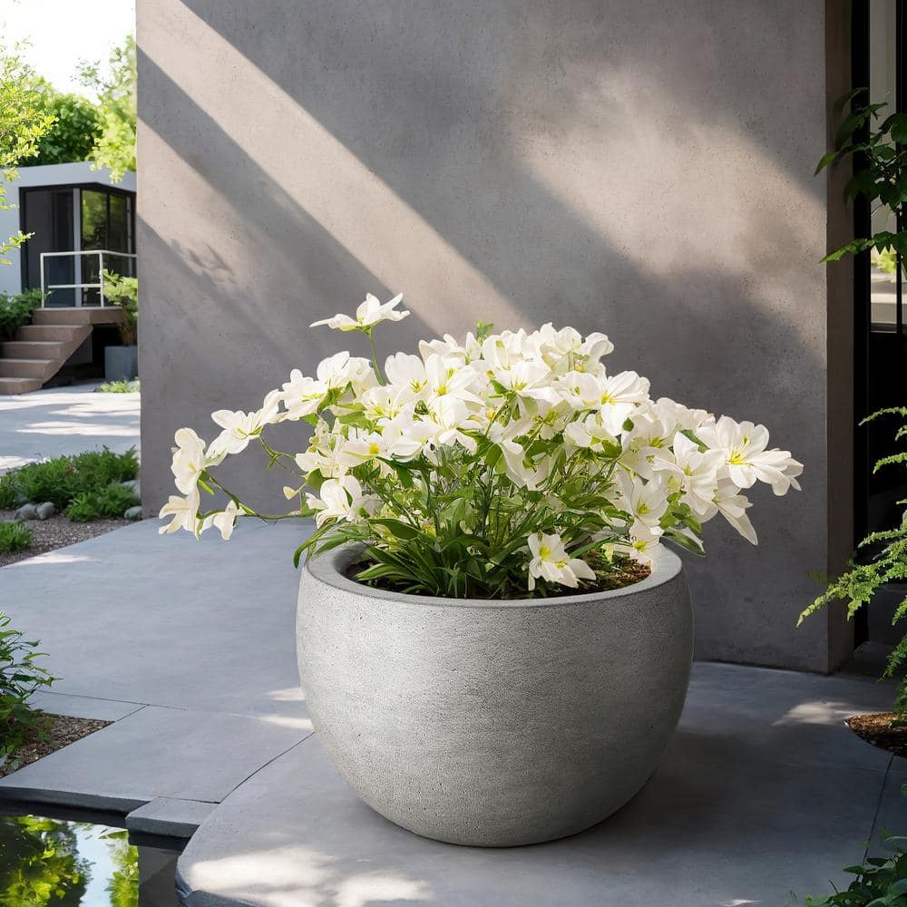 19 in. Large Light Gray Concrete Round  Planter / Pot with Drainage Holes - Hercitys