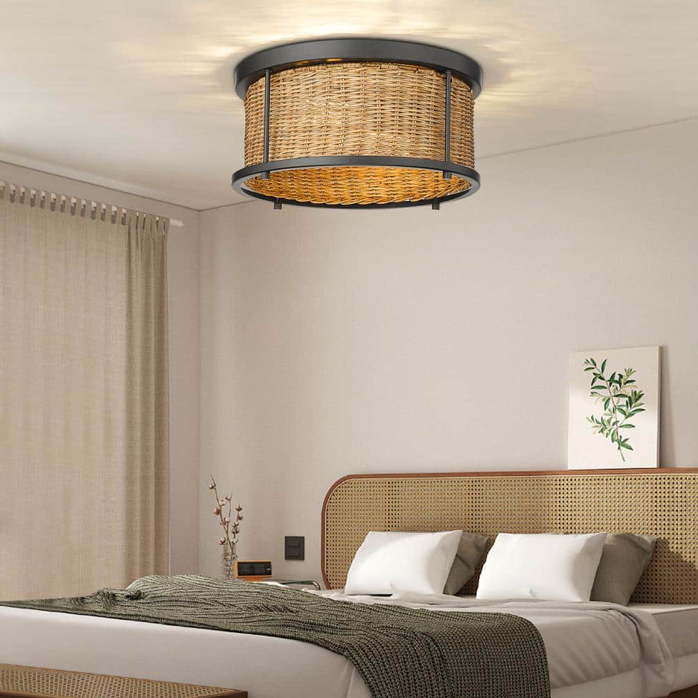 11.75 in. 2-Light Natural Bohemian Rattan Flush Mount Ceiling Light - Hercitys