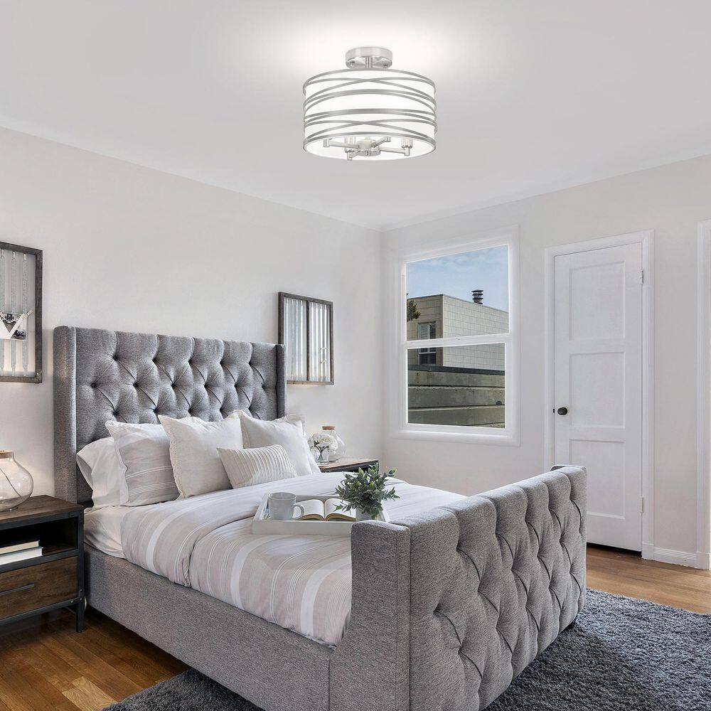 12.99 in. 4-Light Modern Silver Metal and Fabric Drum Semi Flush Mount Ceiling Light Fixture - Hercitys