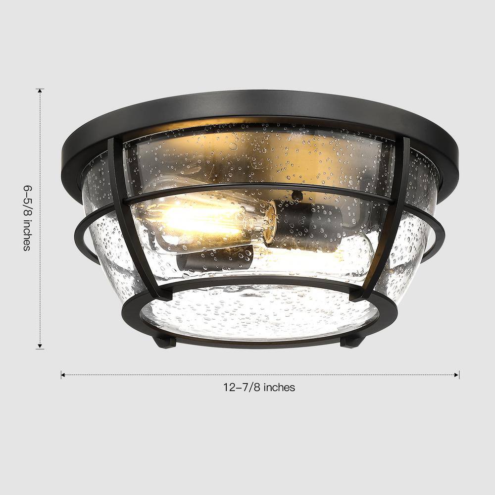 12.8 in. 2-Light Matte Black Barreled Cage Flush Mount Ceiling Light - Hercitys
