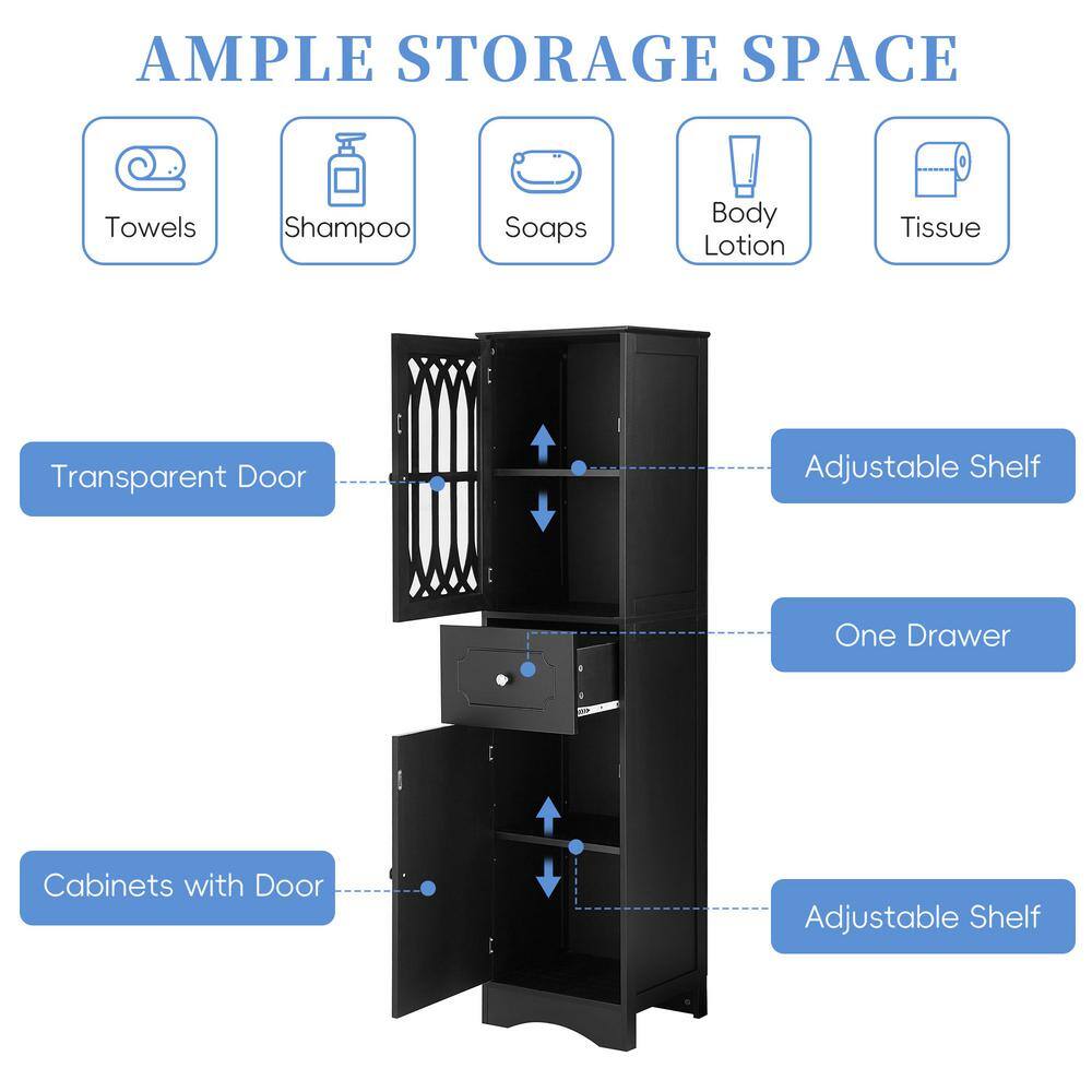 16.5 in W x 14.2in D x 63.8in H in MDF Board Ready to Assemble Freestanding Bath Cabinet in Black with Adjustable Shelf - Hercitys