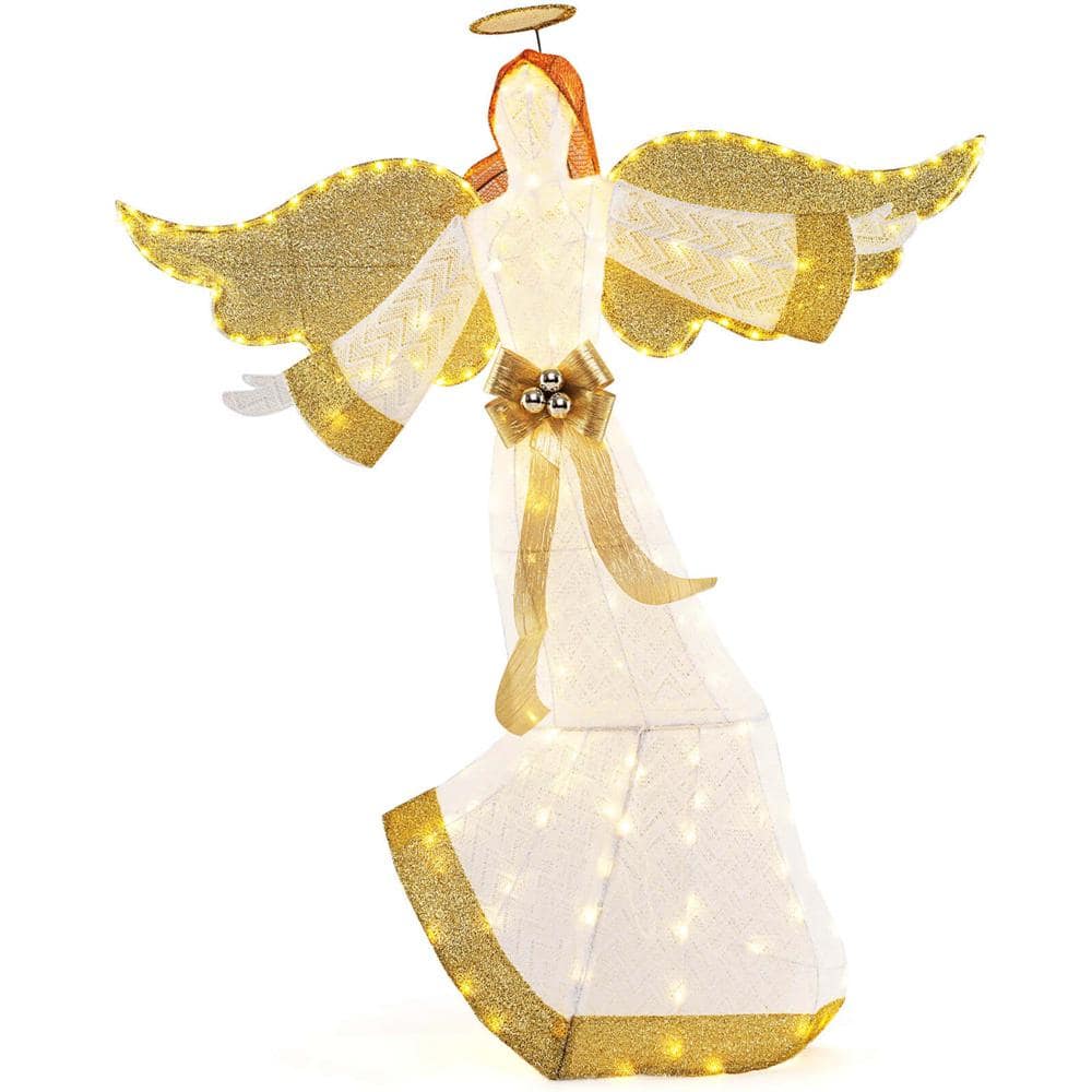 5.2 ft. White Fabric Christmas Lighted Angel with Halo & Bow Zip Ties and Ground Stakes 180 LED Lights - Hercitys