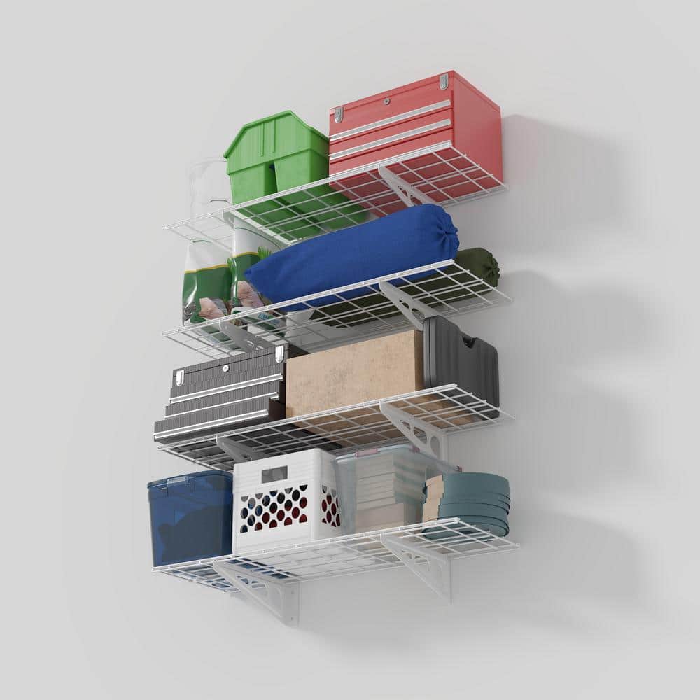 4-Pack 12 in. x 36 in. Steel Garage Wall Shelf with Brackets in White - Hercitys