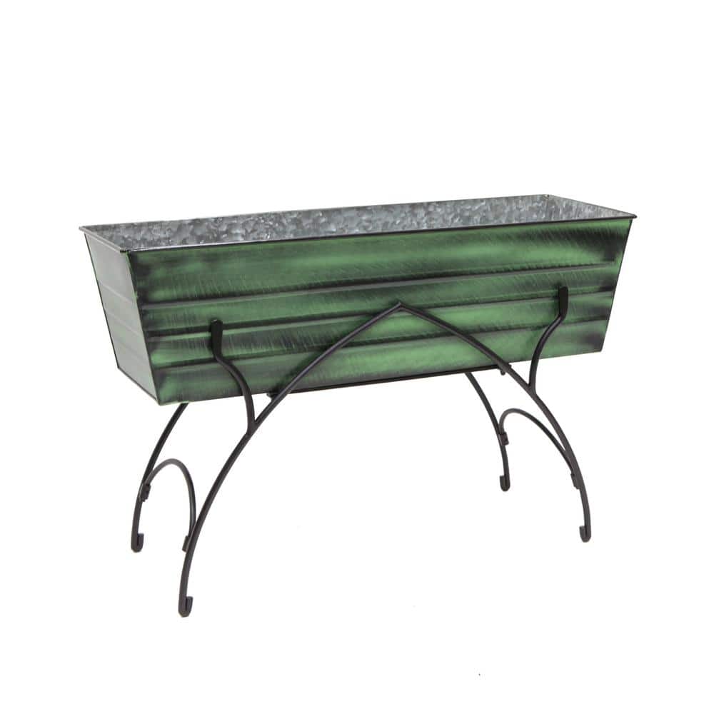35.25″L Rectangular Classic Green, Galvanized Steel Indoor Outdoor Large Flower Box w/Black Wrought Iron Bella Stand - Hercitys
