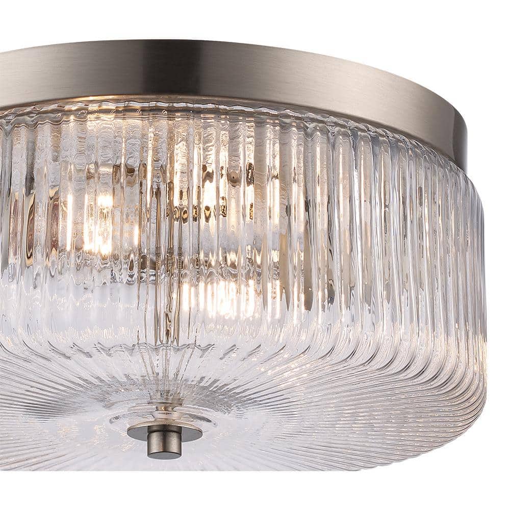 11.75 in. 2-Light Brushed Nickel Flush Mount Ceiling Light Fixture with Clear Ribbed Glass Shade - Hercitys