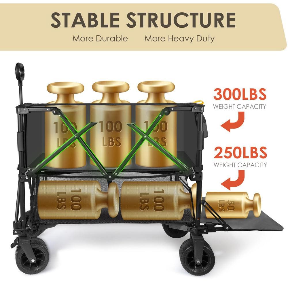 10 cu. ft. Black Metal Garden Cart Double Decker Wagon Cart with Wheels Foldable, 400 l Large Capacity Collapsible Wagon - Hercitys