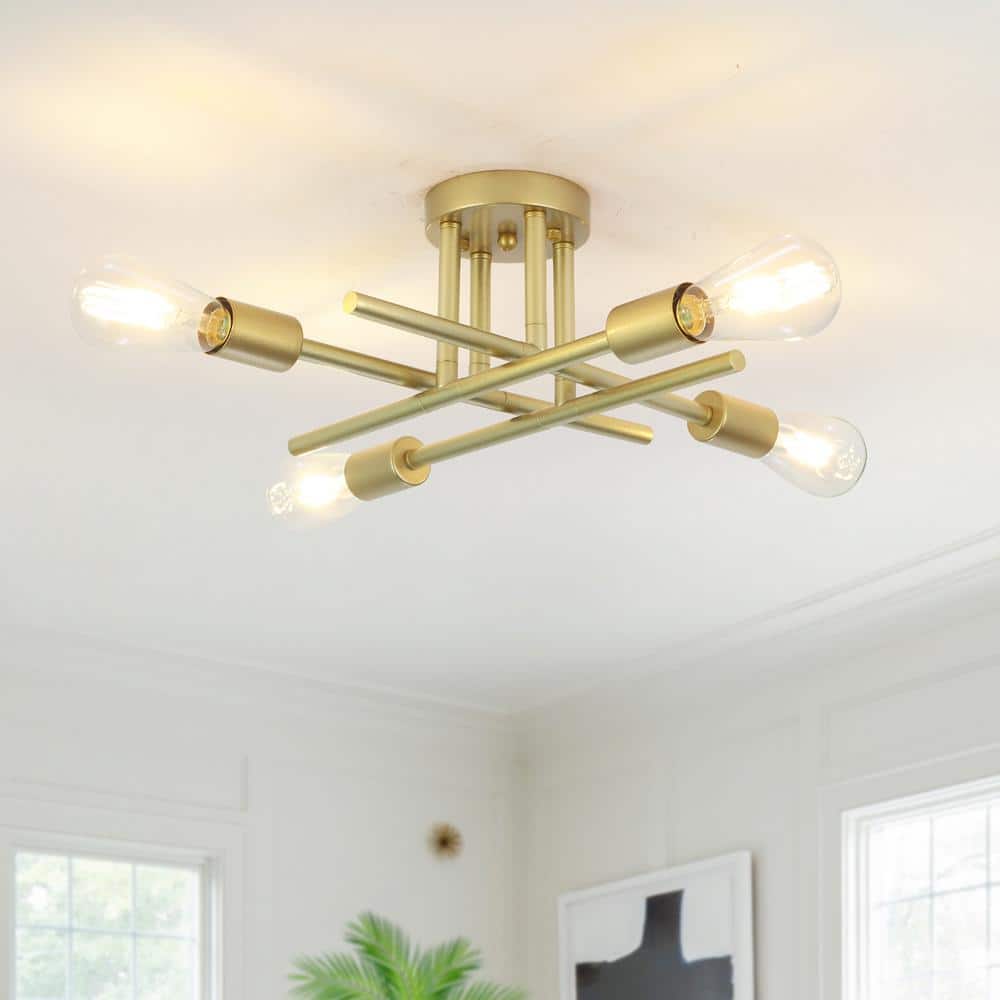 18.5 in. 4-Light Gold Dimmable Sputnik Linear Chandelier Semi Flush Mount Chandelier for Living Room Dining Room Foyer - Hercitys