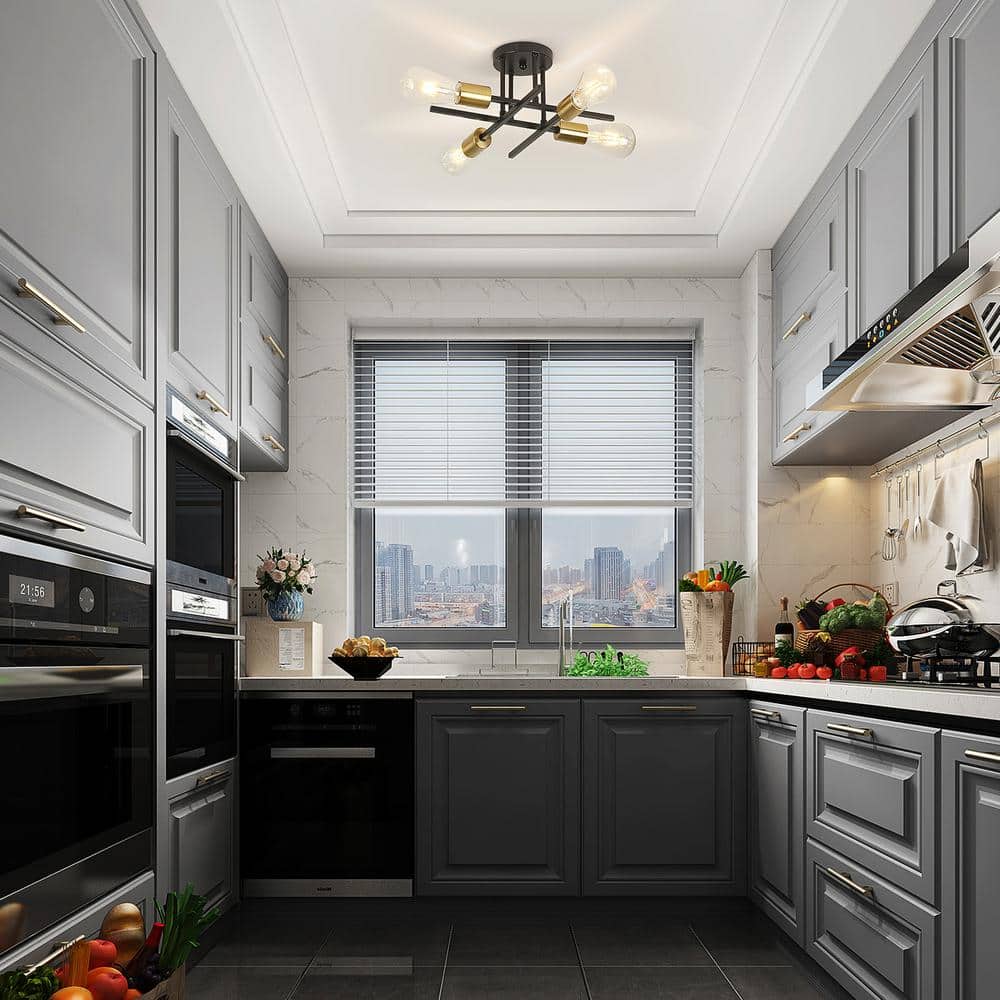 14 in. 4-Light Modern Sputnik Linear Black Metal Industrial Farmhouse Semi- Flush Mount Ceiling Lights Chandelier Light - Hercitys