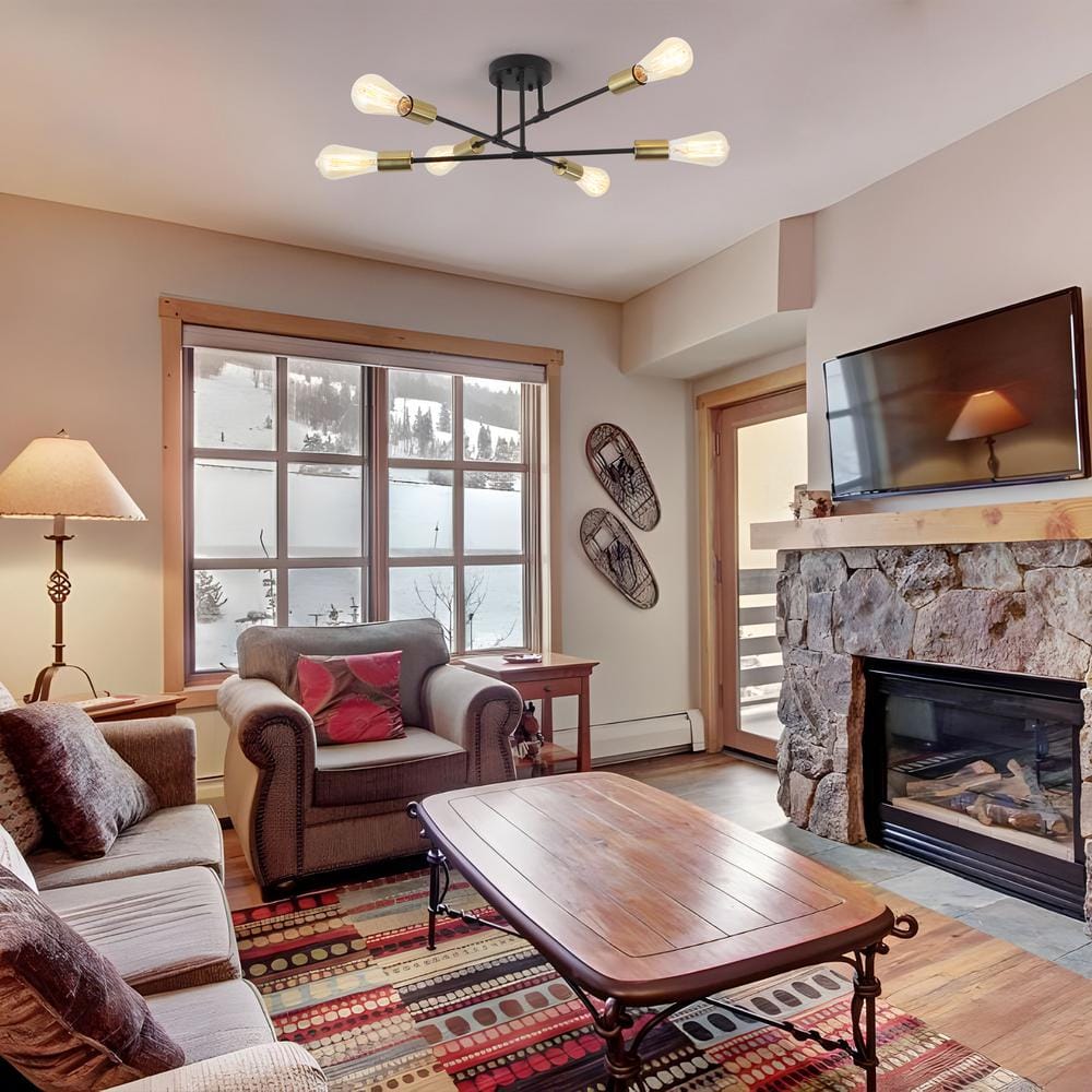 20.66 in. 6-Light Black and Brass Sputnik Modern Semi-Flush Mount Ceiling Light - Hercitys