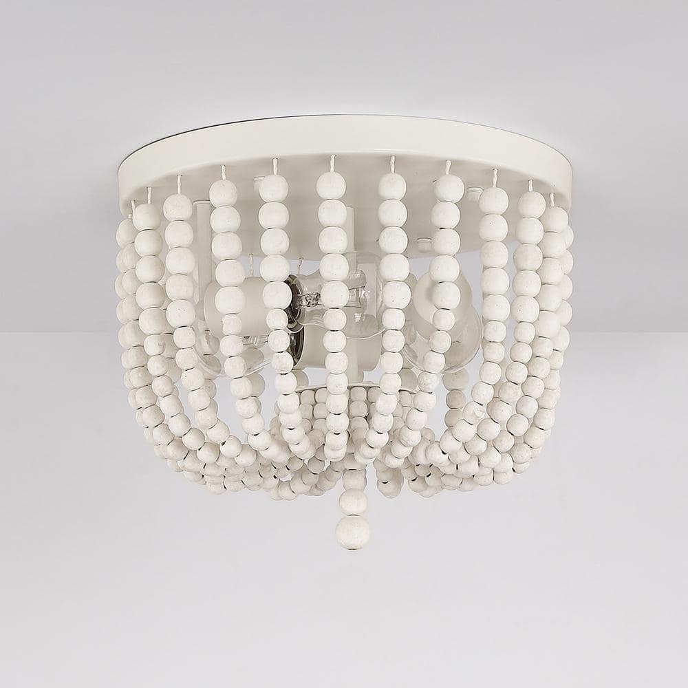 12.6 in. 3-Light Bohemia Antique White Wood Beaded Flush Mount Ceiling Light - Hercitys
