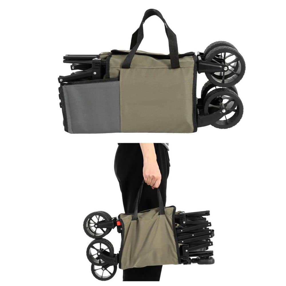 5.87 cu. ft. Army Green Fabric Folding Wagon Cart, Heavy Duty Garden Cart with All-Terrain Wheels and Adjustable Handle - Hercitys