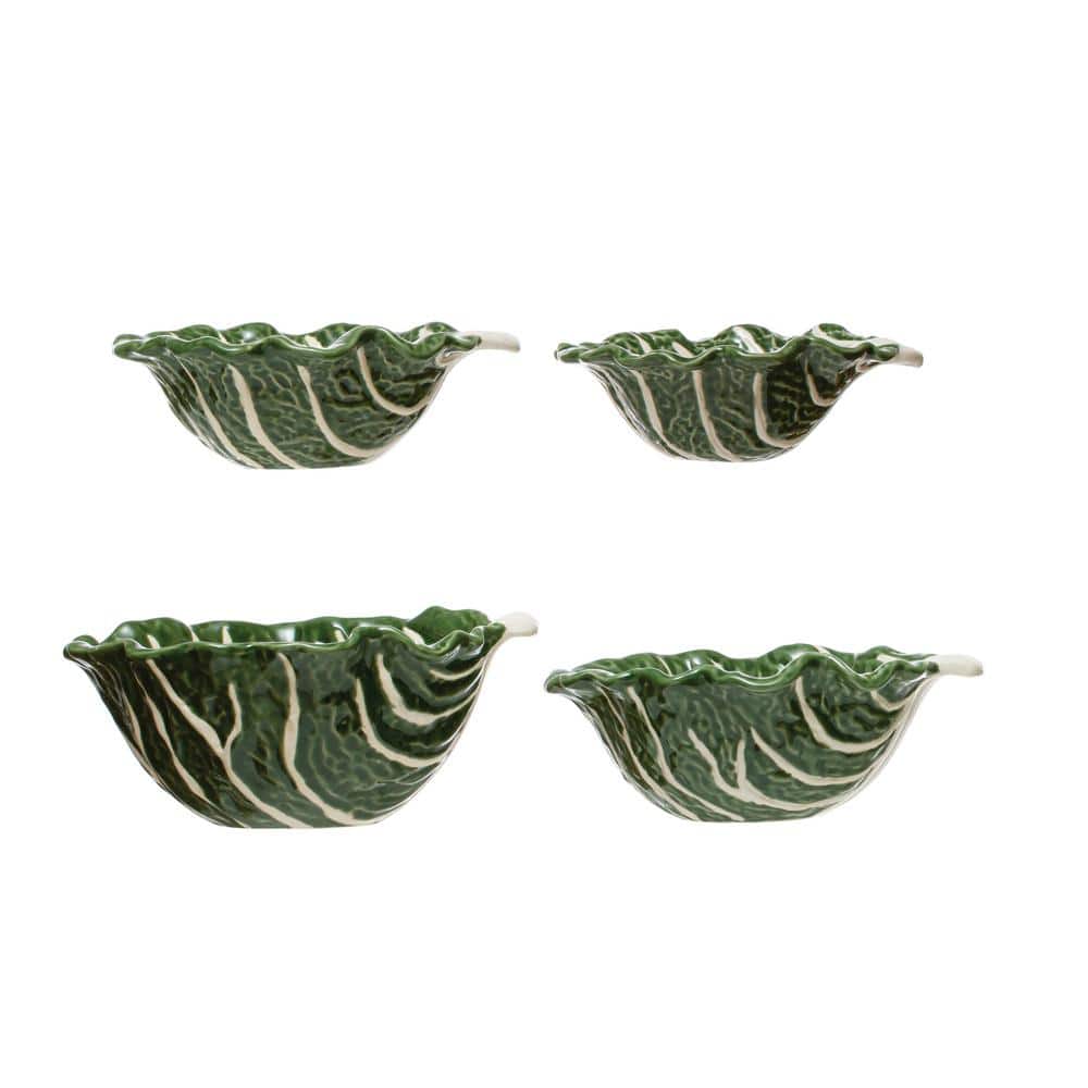 5.5 in. 6.8 fl. oz. Green Hand-painted Cabbage Shaped Stoneware Serving Bowls (Set of 4) - Hercitys