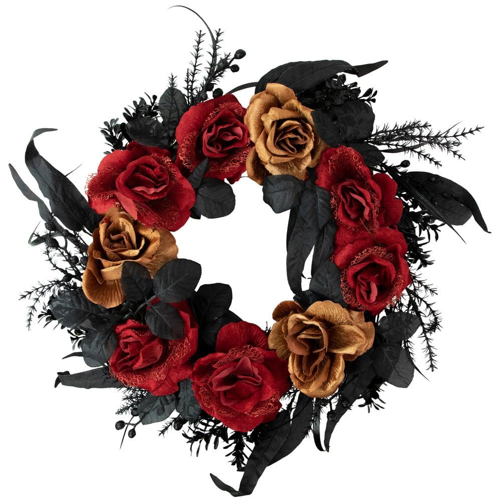 22- Inch Red and Gold Roses with Black Foliage Unlit Halloween Wreath - Hercitys