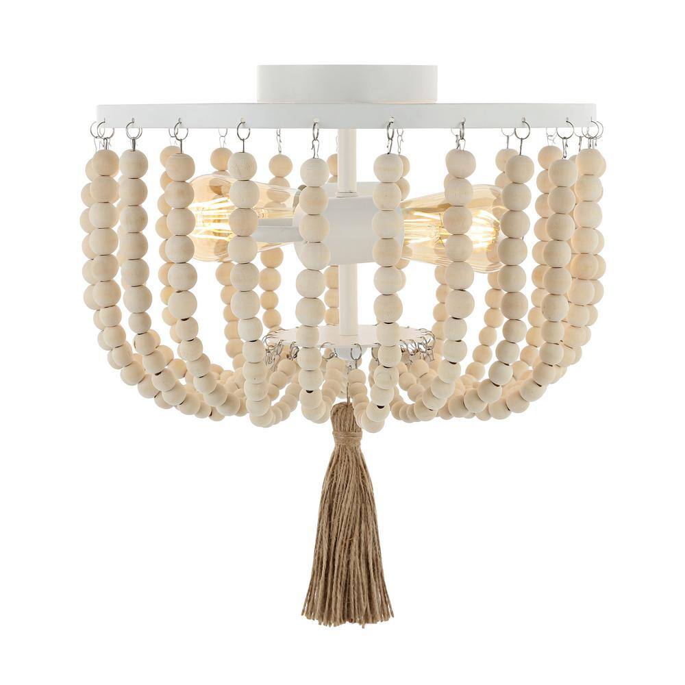 13 in. 2-Light White Flush Mount with Wood Beaded Shade - Hercitys