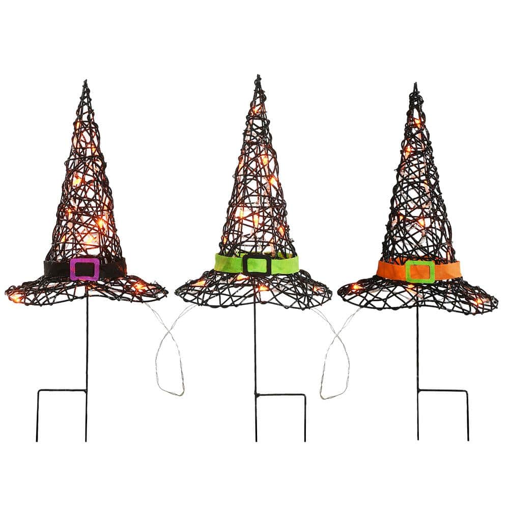 23 in. Pre-Lit Black Witch’s Hat Garden Stakes with Battery Operation - Hercitys