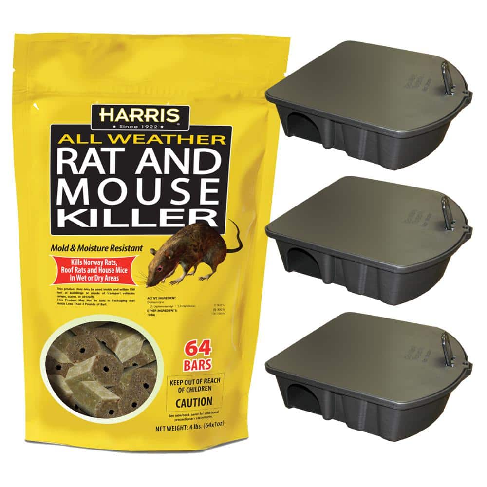 4 lbs./64 Bars All Weather Rat and Mouse Killer and 3 Locking Rat and Mouse Refillable Bait Stations - Hercitys