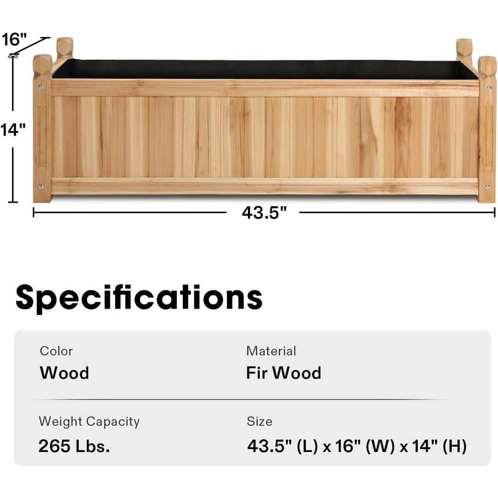 43. 5in. L x 16in. W x 14in. H Wood Raised Garden Bed with Liner - Hercitys