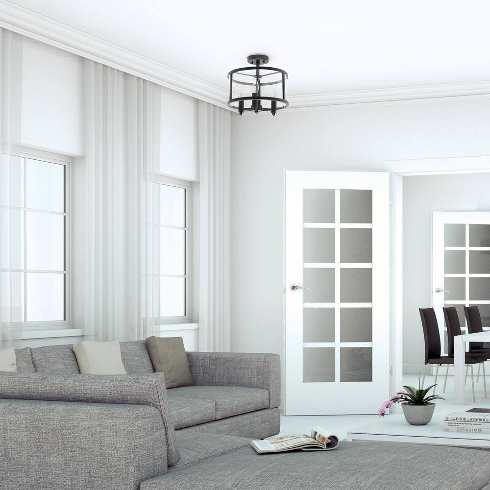 13 in. 3-Light Black Iron and Glass Shade Industrial Ceiling Mounted Round Semi-Flush Mount - Hercitys