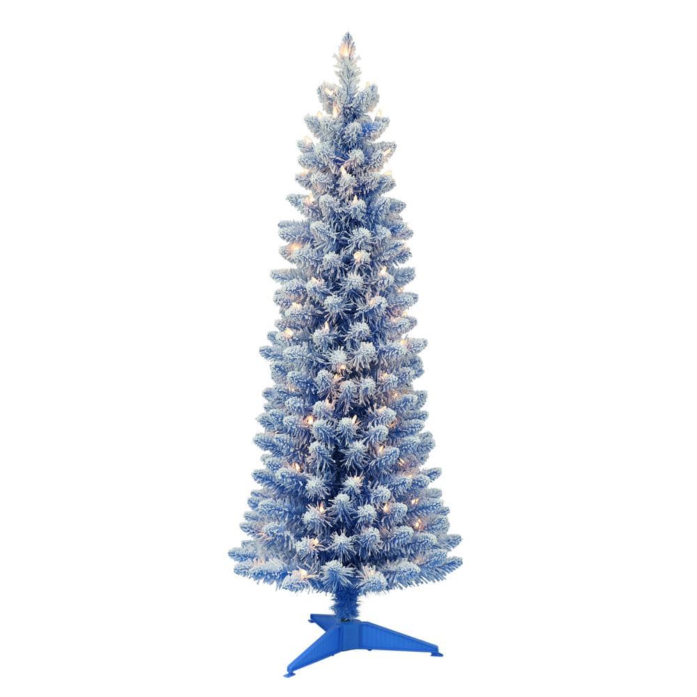 4.5 ft. Blue Prelit Flocked Fashion Pencil Artificial Christmas Tree with 100 Lights - Hercitys