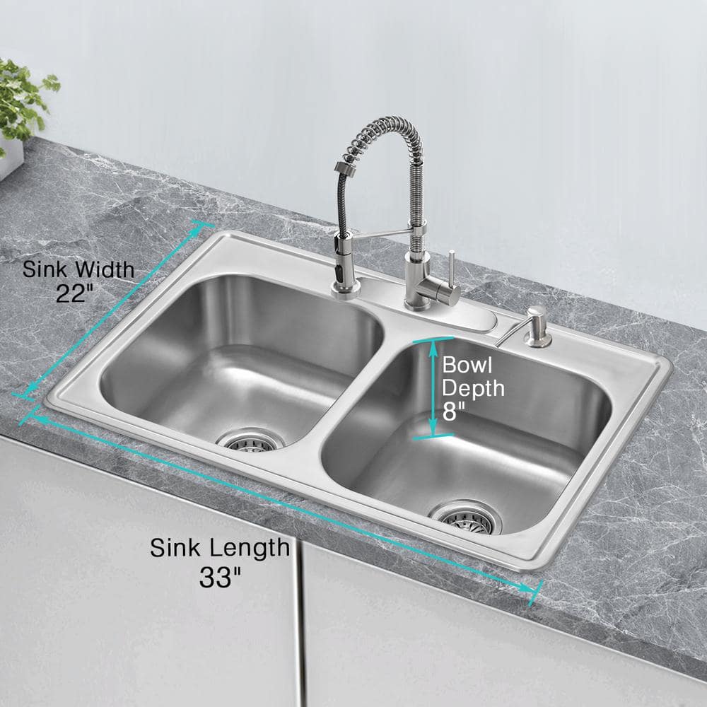 18 Gauge Stainless Steel 33 in. Double Bowl Drop-In Kitchen Sink with Bottom Grid - Hercitys