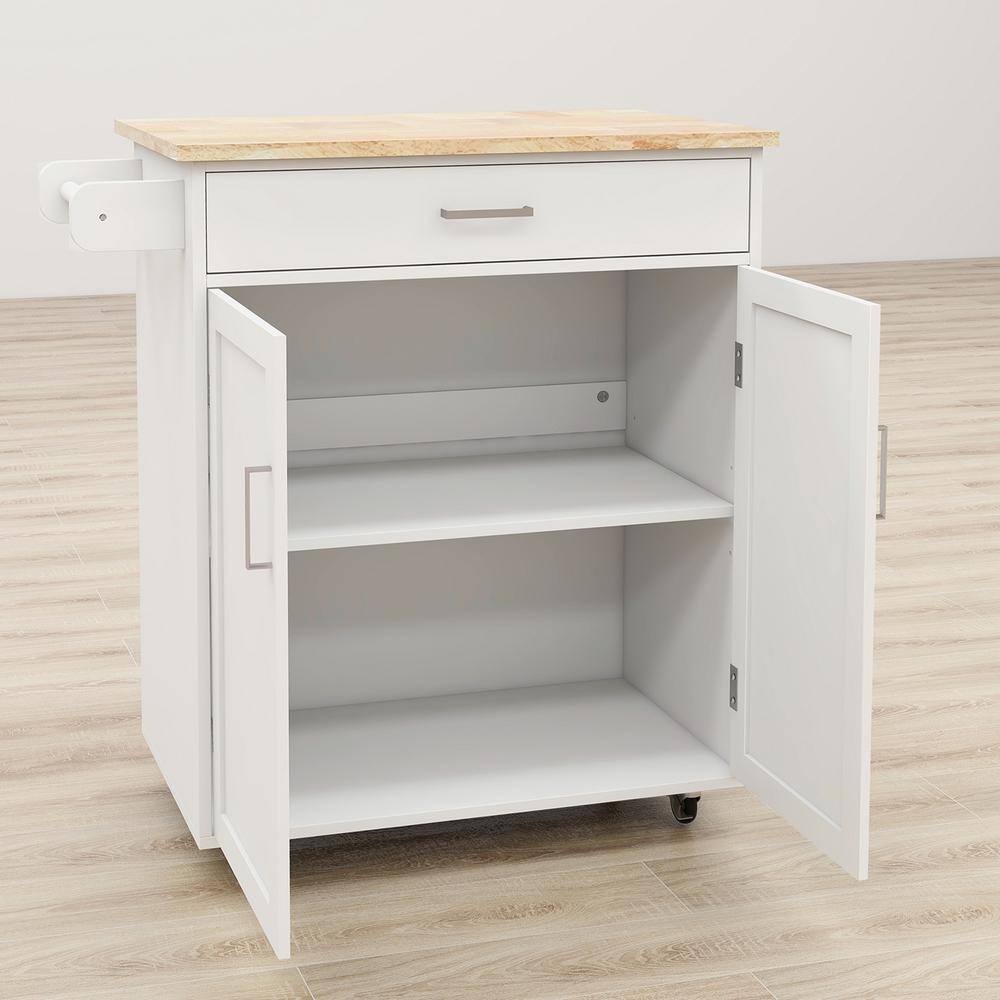 32.68 inch White Wood Kitchen Cart with Adjustable Shelves and Towel Rack Rubber Wood Table Top - Hercitys