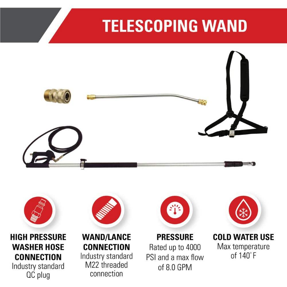 18 ft. Telescoping Wand for Cold Water 4000PSI Pressure Washers, Includes 20 in. Wand M22 QC Adpater, Adjustable Harness - Hercitys