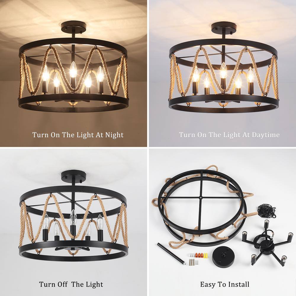 19.68 in. 5-Light Black Drum Metal Hemp Rope Semi-Flush Mount Light，No Bulbs Included - Hercitys
