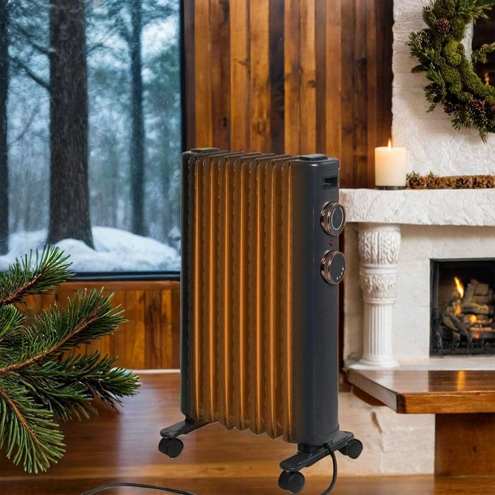 1500-Watt Matte Black Indoor Electric Oil Filled Radiator Space Heater with 3 Heating Modes - Hercitys