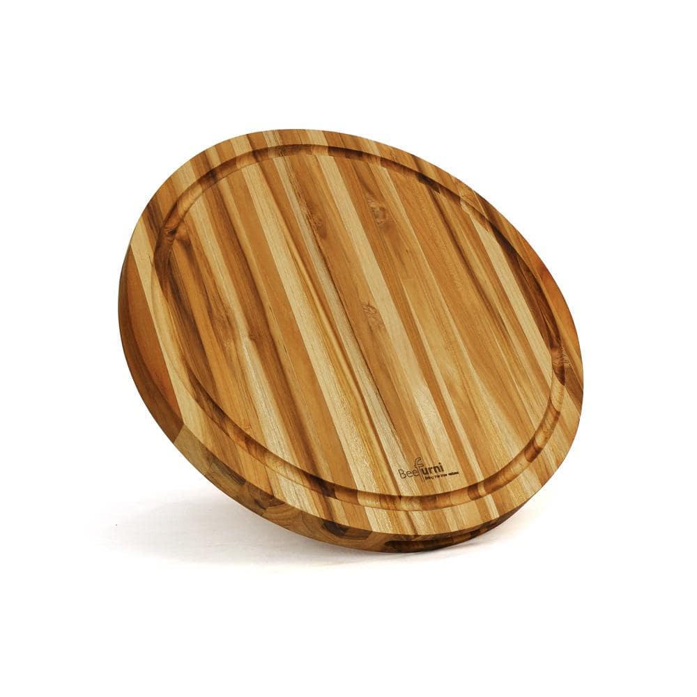 15.8 in. x 15.8 in. Round Teak Wood Reversible Chopping Serving Board Cutting Board with Juice Groove - Hercitys