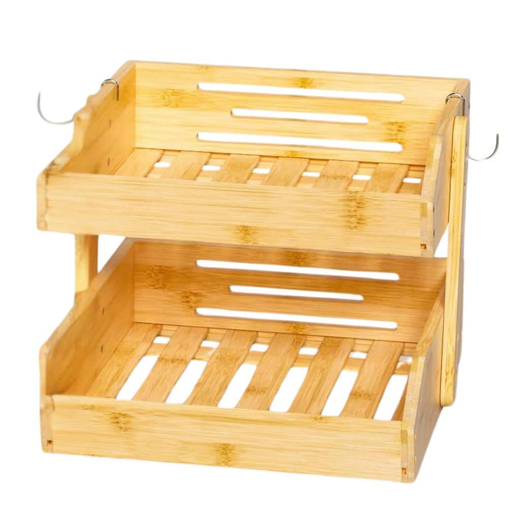 2-Tier Bamboo Fruit Bowl For Kitchen Counter with 2-Banana Hangers for Fruit and Vegetable Storage - Hercitys