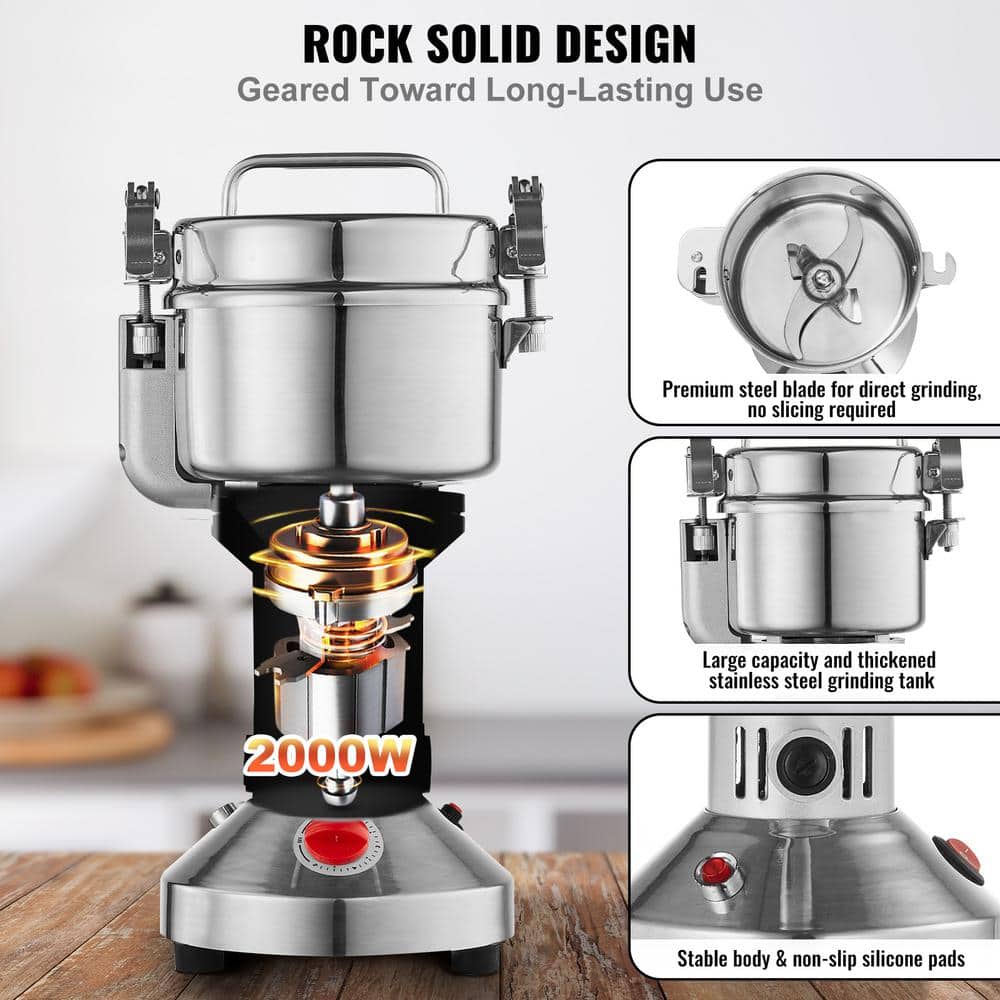 550g Electric Grain Mill Grinder, 2000-Watt High-Speed Commercial Spice Grinder, Stainless Steel Pulverizer - Hercitys